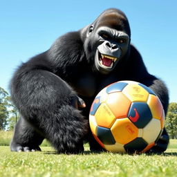 A playful scene featuring a giant gorilla joyfully interacting with a soccer ball