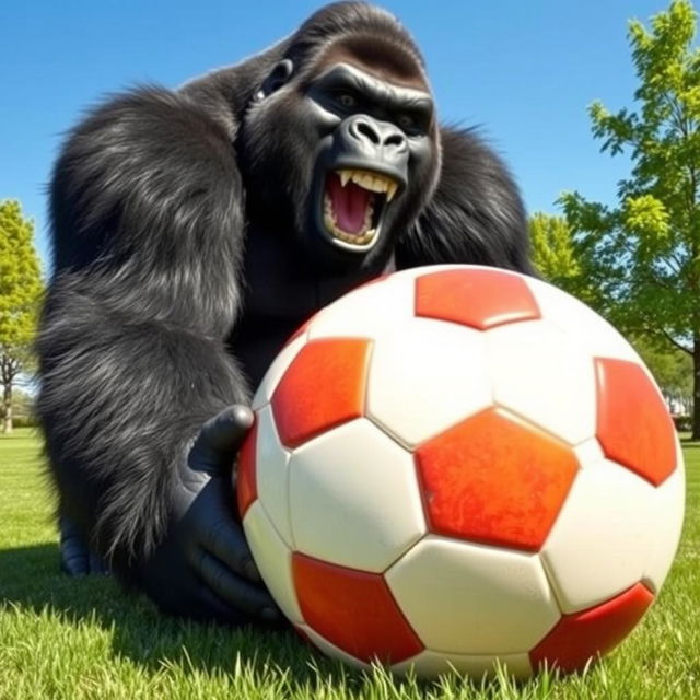 A playful scene featuring a giant gorilla joyfully interacting with a soccer ball