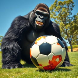 A playful scene featuring a giant gorilla joyfully interacting with a soccer ball