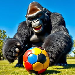 A playful scene featuring a giant gorilla joyfully interacting with a soccer ball