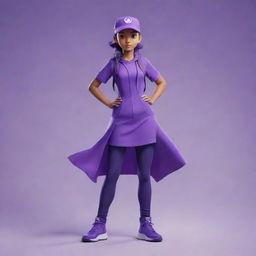 A stylized Pokemon trainer dressed in a variety of purple tones, with a confident and courageous stance.