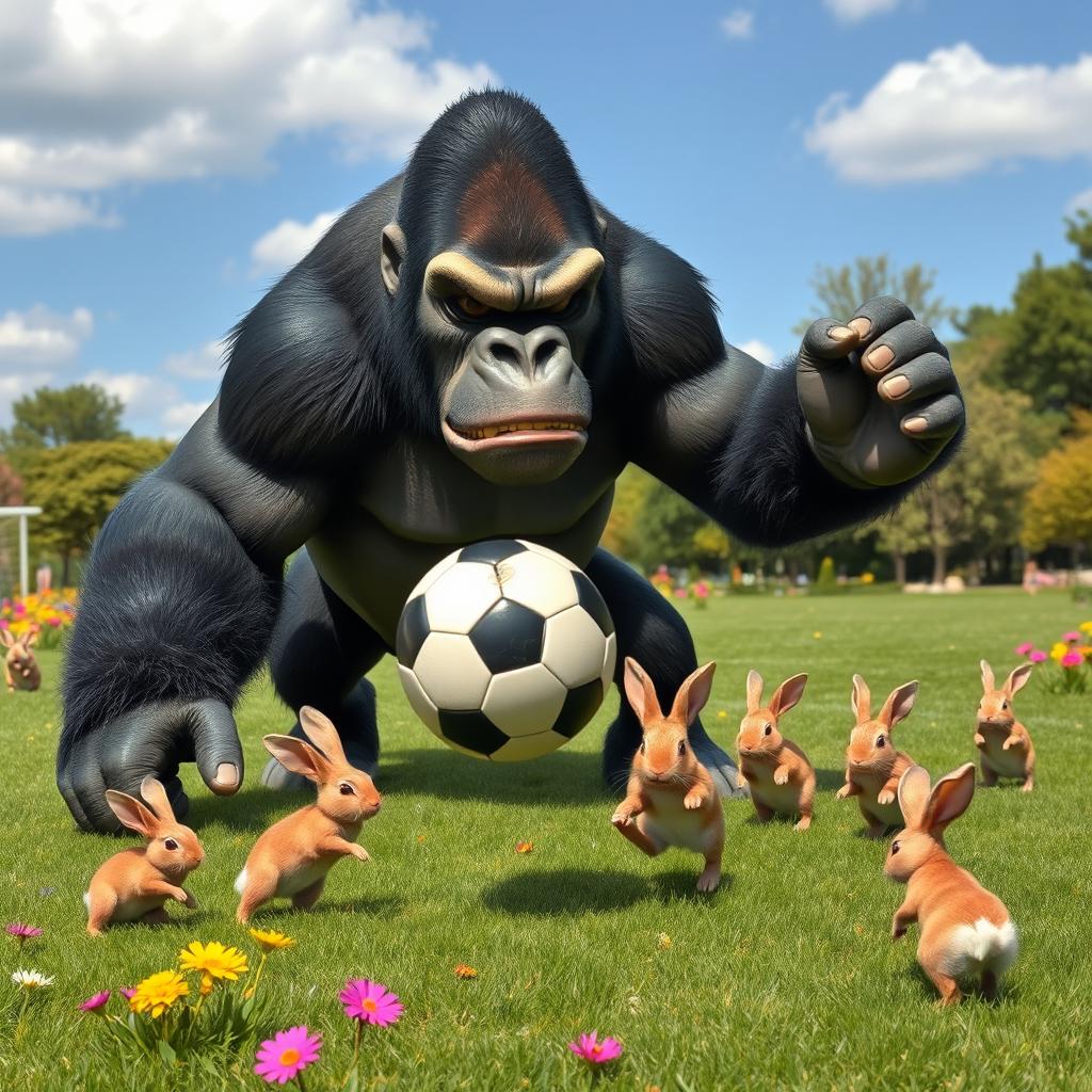 A comedic scene depicting an angry gorilla playing soccer against a team of determined rabbits