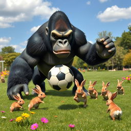 A comedic scene depicting an angry gorilla playing soccer against a team of determined rabbits