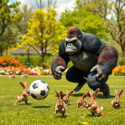 A comedic scene depicting an angry gorilla playing soccer against a team of determined rabbits