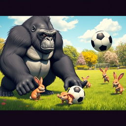 A comedic scene depicting an angry gorilla playing soccer against a team of determined rabbits