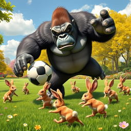 A comedic scene depicting an angry gorilla playing soccer against a team of determined rabbits