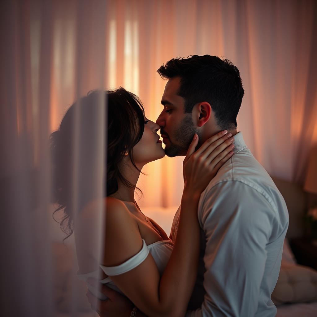 A sensual and intimate scene featuring an adult couple passionately kissing in a softly lit bedroom