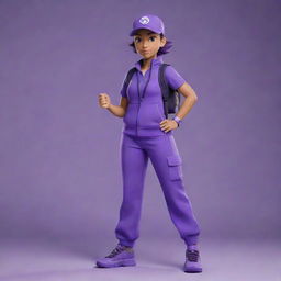 A stylized Pokemon trainer dressed in a variety of purple tones, with a confident and courageous stance.