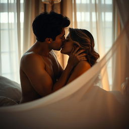 A sensual and intimate scene featuring an adult couple passionately kissing in a softly lit bedroom