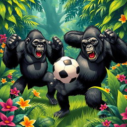 A dynamic and humorous scene depicting angry gorillas playing soccer in a vibrant jungle setting