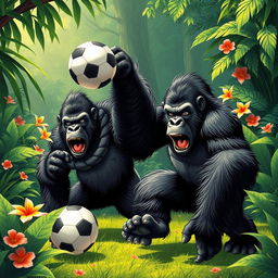 A dynamic and humorous scene depicting angry gorillas playing soccer in a vibrant jungle setting