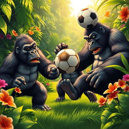 A dynamic and humorous scene depicting angry gorillas playing soccer in a vibrant jungle setting