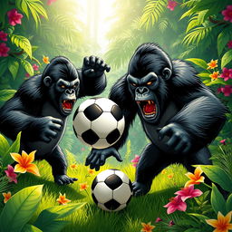 A dynamic and humorous scene depicting angry gorillas playing soccer in a vibrant jungle setting