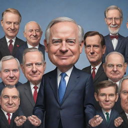 Generate a caricature where politicians are depicted as puppet masters, controlling elements of both the arts and the press.