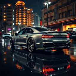 An Audi A8 featuring a striking body kit, parked elegantly in Monaco during a nighttime scene with rain falling