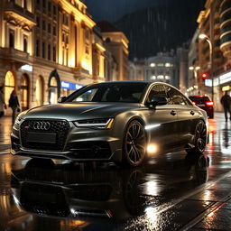 An Audi A8 featuring a striking body kit, parked elegantly in Monaco during a nighttime scene with rain falling