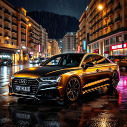 An Audi A8 featuring a striking body kit, parked elegantly in Monaco during a nighttime scene with rain falling