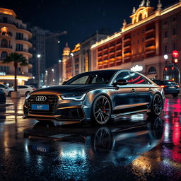 An Audi A8 featuring a striking body kit, parked elegantly in Monaco during a nighttime scene with rain falling