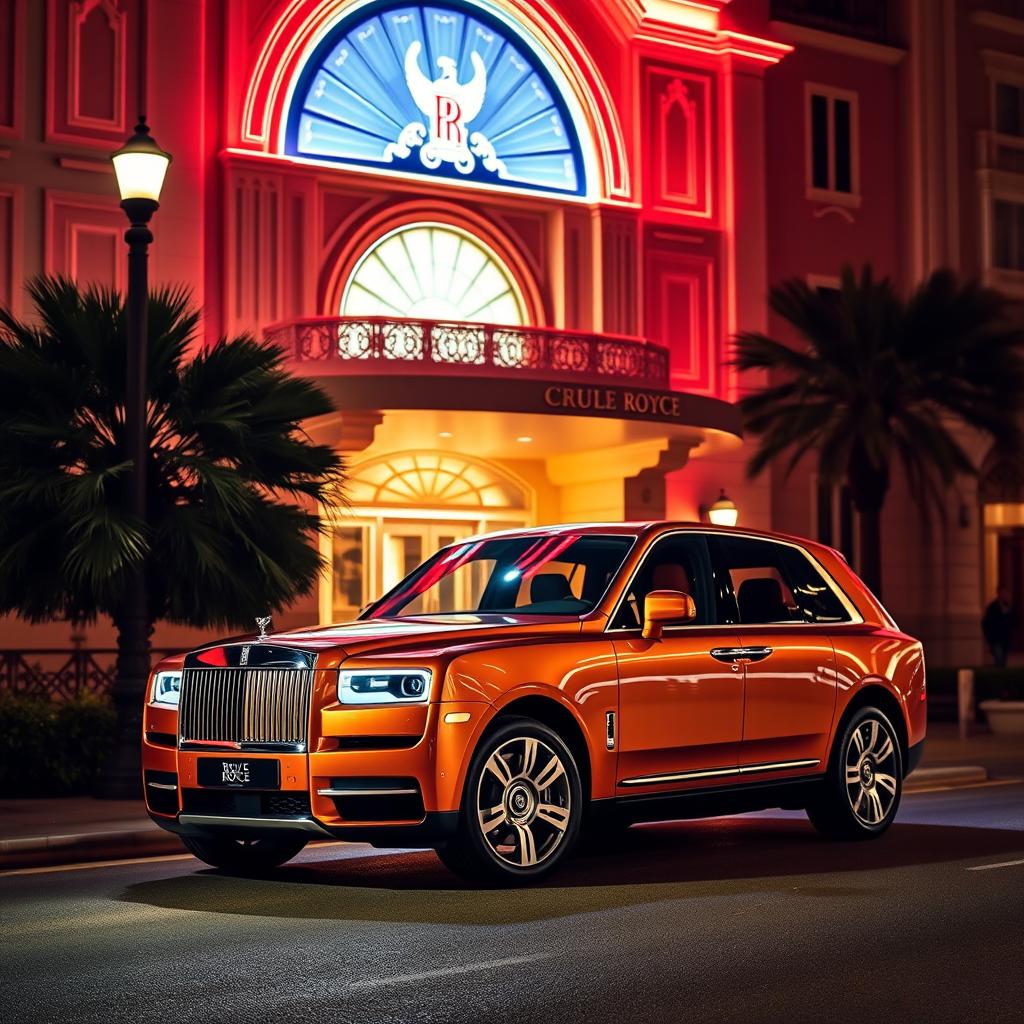 A luxurious Rolls Royce Cullinan parked elegantly outside the iconic Casino de Monte-Carlo in Monaco at night