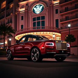 A luxurious Rolls Royce Cullinan parked elegantly outside the iconic Casino de Monte-Carlo in Monaco at night