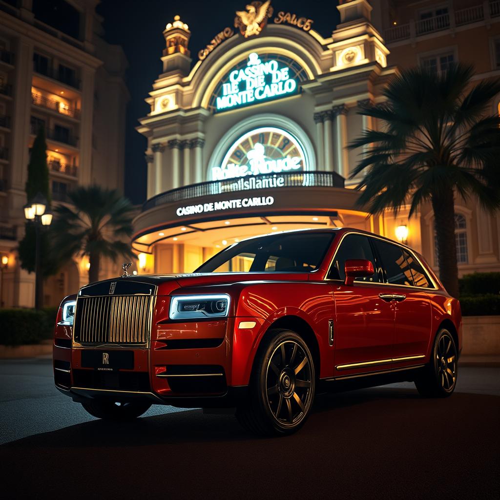 A luxurious Rolls Royce Cullinan parked elegantly outside the iconic Casino de Monte-Carlo in Monaco at night