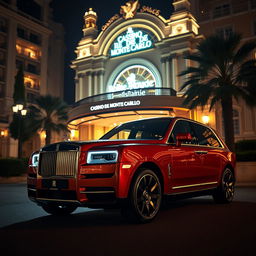 A luxurious Rolls Royce Cullinan parked elegantly outside the iconic Casino de Monte-Carlo in Monaco at night