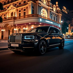 A luxurious Rolls Royce Cullinan parked elegantly outside the iconic Casino de Monte-Carlo in Monaco at night