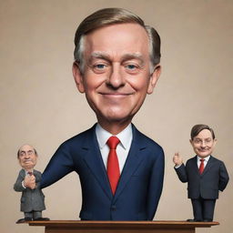 Generate a caricature where politicians are depicted as puppet masters, controlling elements of both the arts and the press.