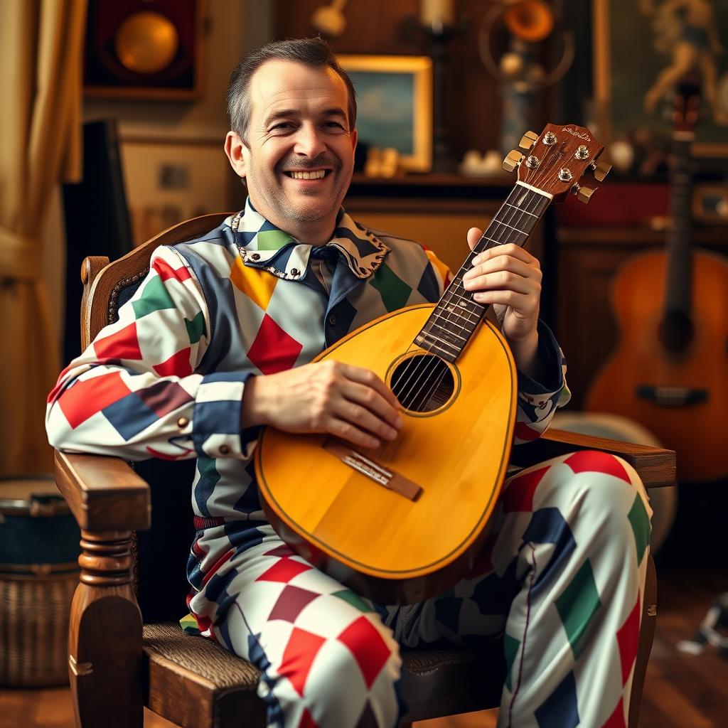 A man sitting in a wooden chair, playing the bandurria