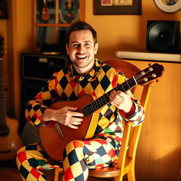 A man sitting in a wooden chair, playing the bandurria