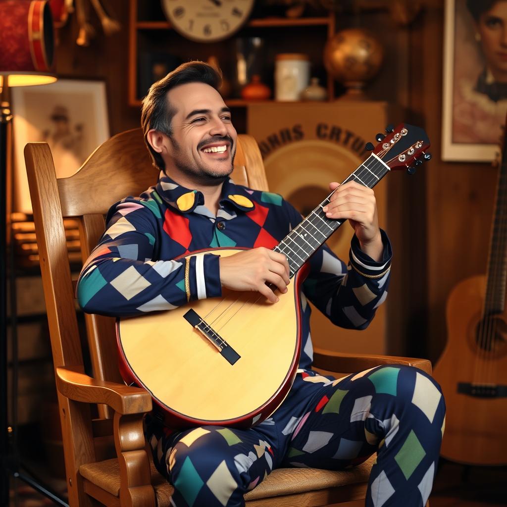 A man sitting in a wooden chair, playing the bandurria