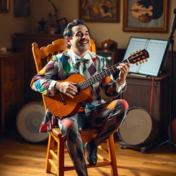 A man sitting in a wooden chair, playing the bandurria