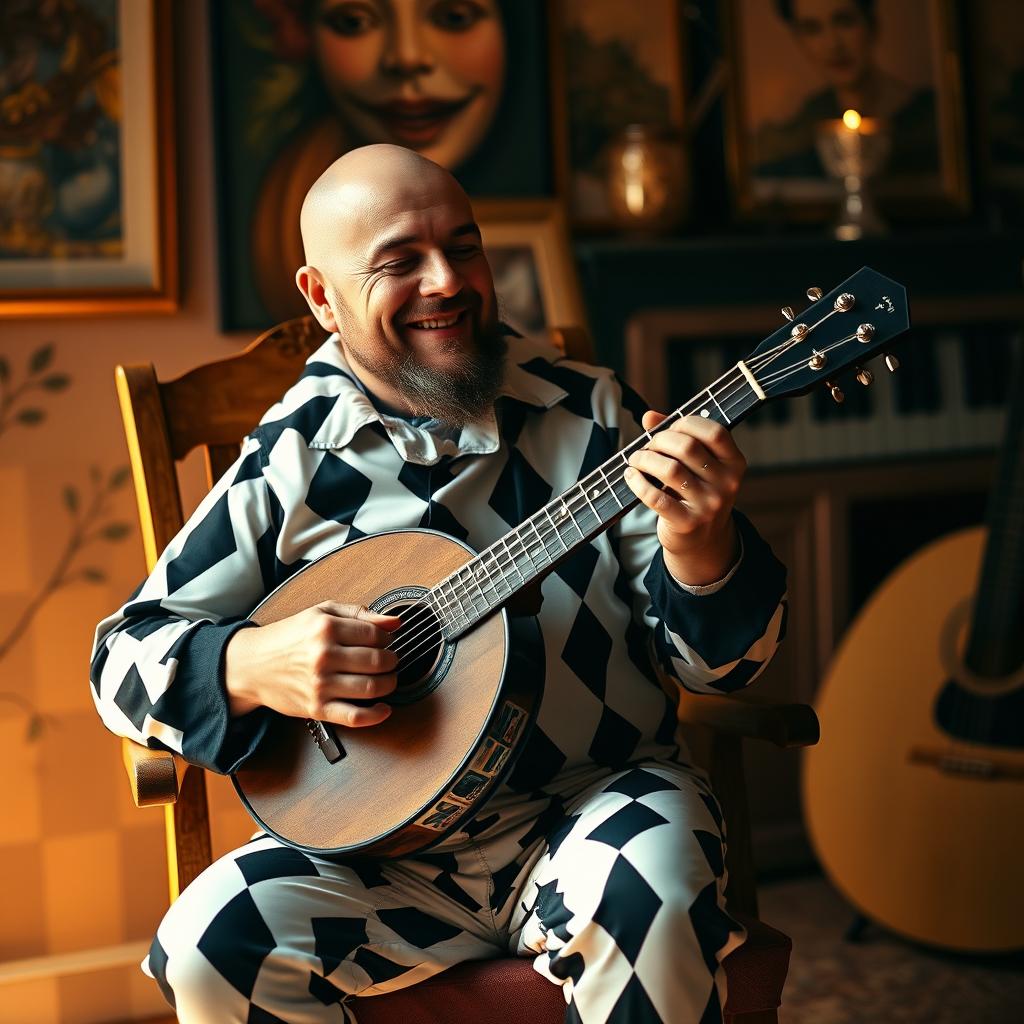 A bald, stout man with a beard, sitting in a wooden chair, playing the bandurria