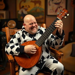 A bald, stout man with a beard, sitting in a wooden chair, playing the bandurria