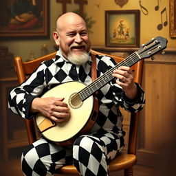 A bald, stout man with a beard, sitting in a wooden chair, playing the bandurria