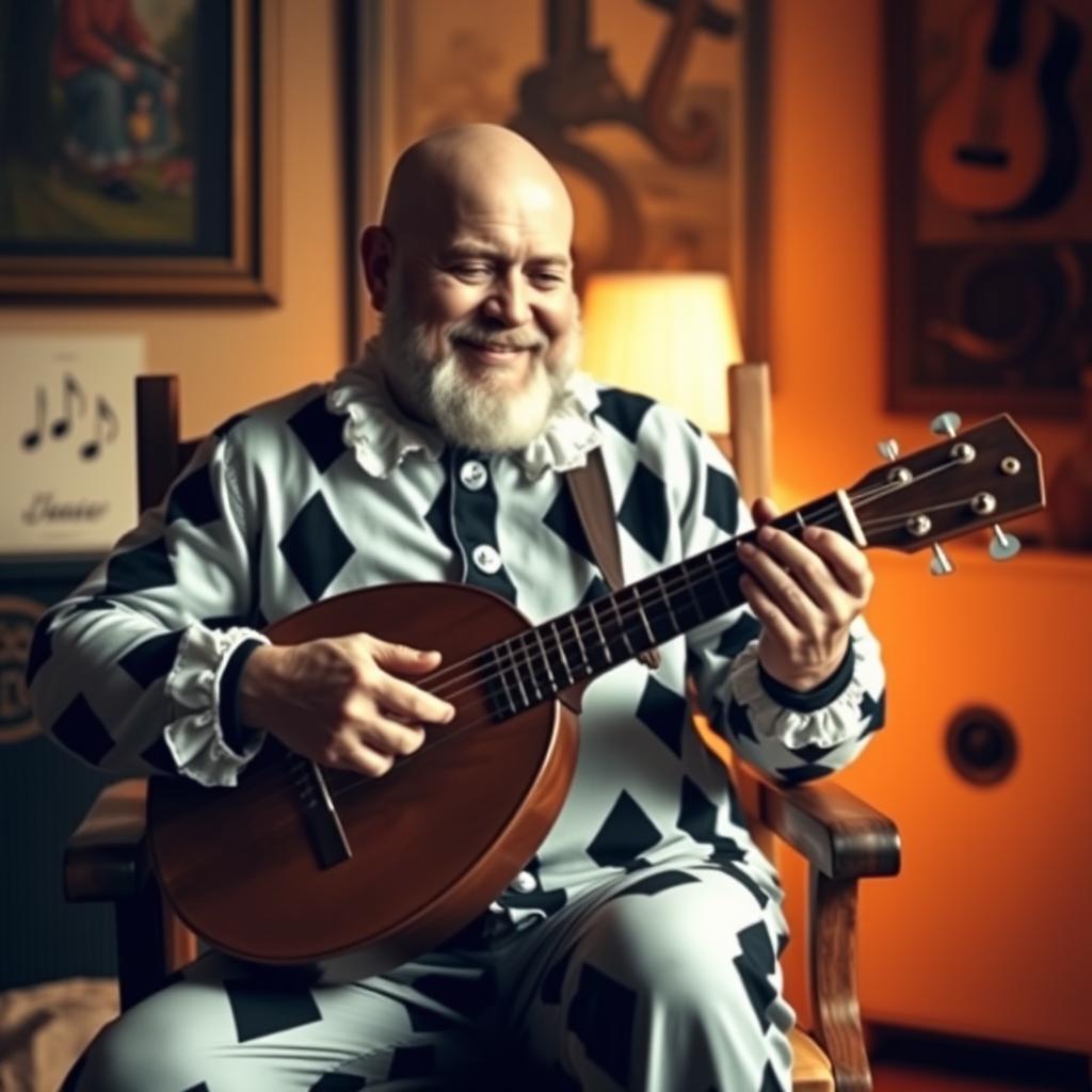 A bald, stout man with a beard, sitting in a wooden chair, playing the bandurria