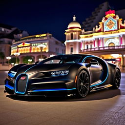 A stunning Bugatti Chiron with a striking matte black and blue color scheme, parked outside the luxurious Casino de Monte-Carlo in Monaco