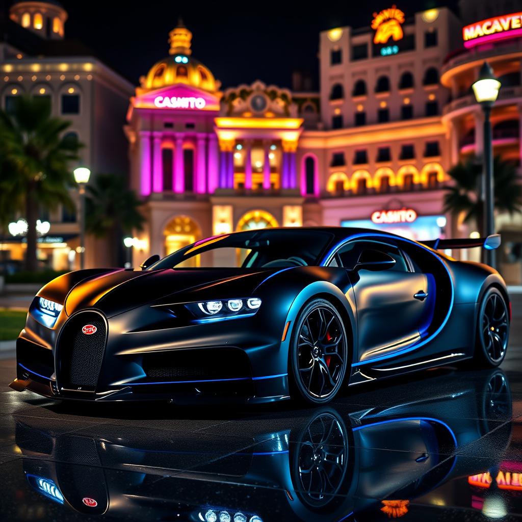 A stunning Bugatti Chiron with a striking matte black and blue color scheme, parked outside the luxurious Casino de Monte-Carlo in Monaco