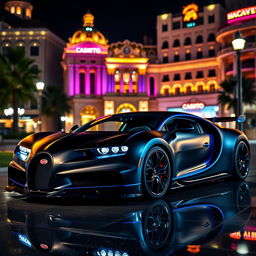 A stunning Bugatti Chiron with a striking matte black and blue color scheme, parked outside the luxurious Casino de Monte-Carlo in Monaco