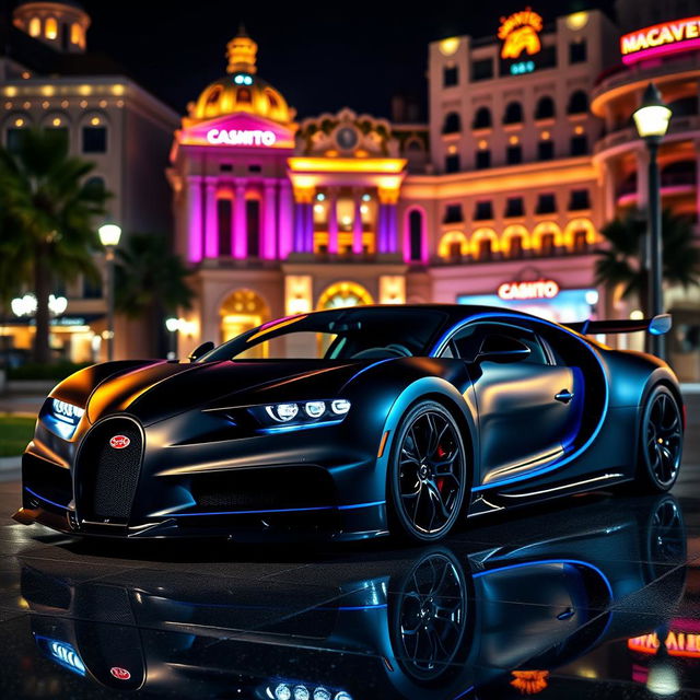 A stunning Bugatti Chiron with a striking matte black and blue color scheme, parked outside the luxurious Casino de Monte-Carlo in Monaco