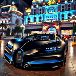 A stunning Bugatti Chiron with a striking matte black and blue color scheme, parked outside the luxurious Casino de Monte-Carlo in Monaco