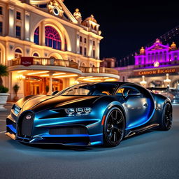 A stunning Bugatti Chiron with a striking matte black and blue color scheme, parked outside the luxurious Casino de Monte-Carlo in Monaco