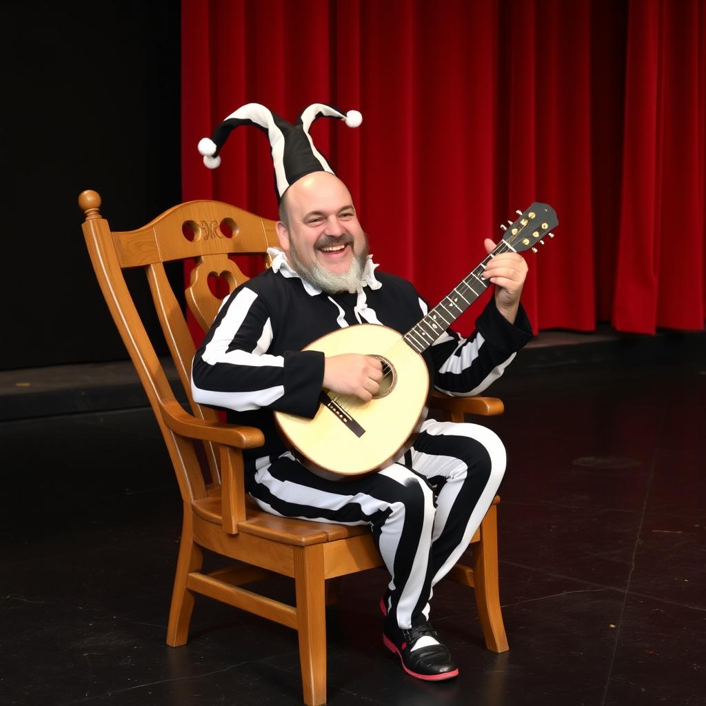 A bald, stout man with a beard, sitting in a wooden chair, playing the bandurria