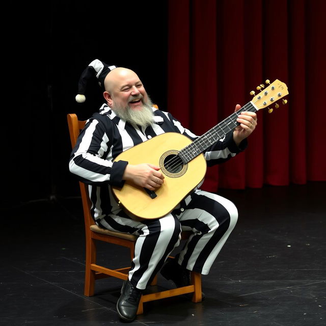 A bald, stout man with a beard, sitting in a wooden chair, playing the bandurria