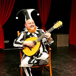 A bald, stout man with a beard, sitting in a wooden chair, playing the bandurria