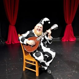 A bald, stout man with a beard, sitting in a wooden chair, playing the bandurria