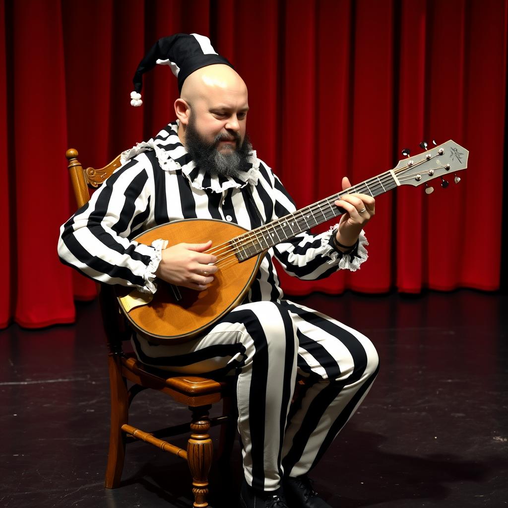 A bald, stout man with a black beard and a few gray strands, sitting in a wooden chair, playing a 12-string bandurria