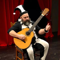 A bald, stout man with a black beard and a few gray strands, sitting in a wooden chair, playing a 12-string bandurria