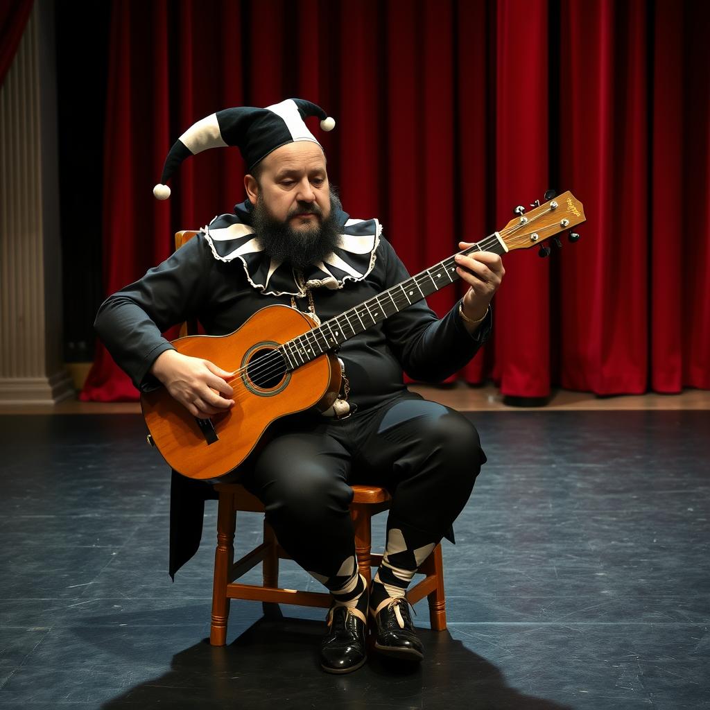 A bald, stout man with a black beard and a few gray strands, sitting in a wooden chair, playing a 12-string bandurria