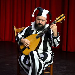 A bald, stout man with a black beard and a few gray strands, sitting in a wooden chair, playing a 12-string bandurria